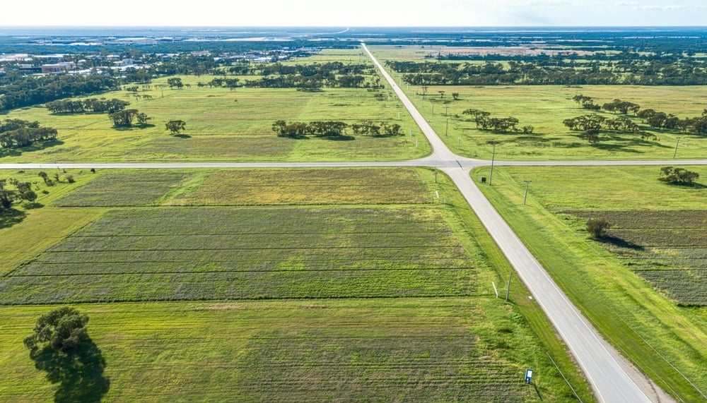 Aerial view of expansive real estate parcels available for wholesale purchase